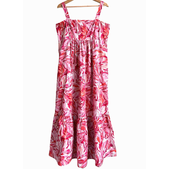 LONDON TIMES Floral Tiered Maxi Dress Square Neck Sleeveless Smocked Pink Red 12 - Picture 2 of 15